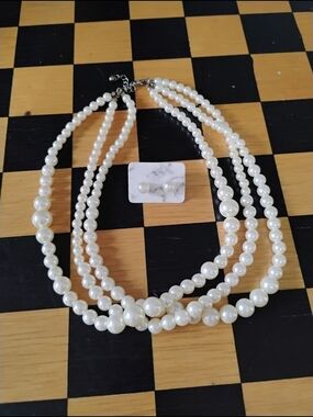 Classic White Pearl Multi-Strand Necklace with Stud Earrings